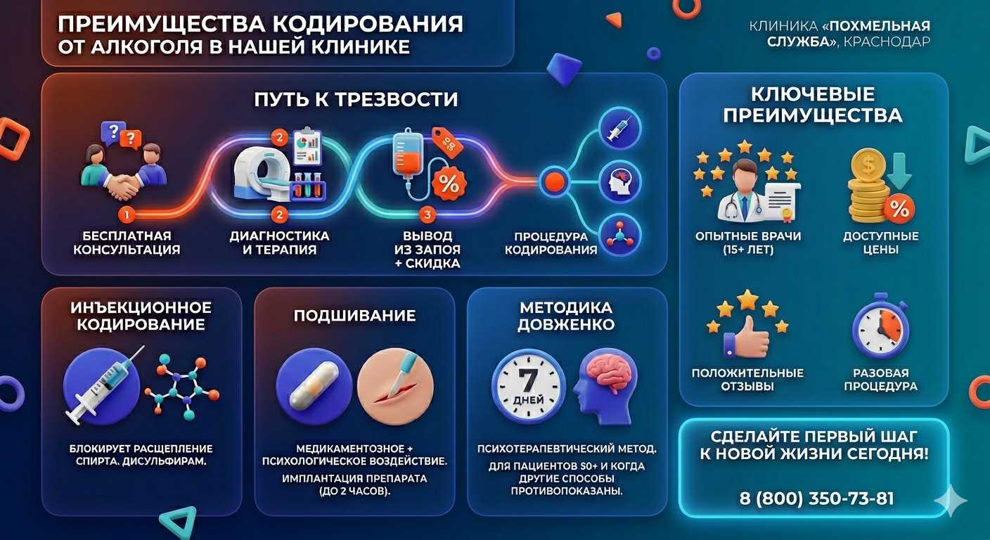 Инфографика о методах кодирования от алкоголя в Магдагачах: инъекции, подшивание, метод Довженко. Преимущества клиники и этапы лечения.